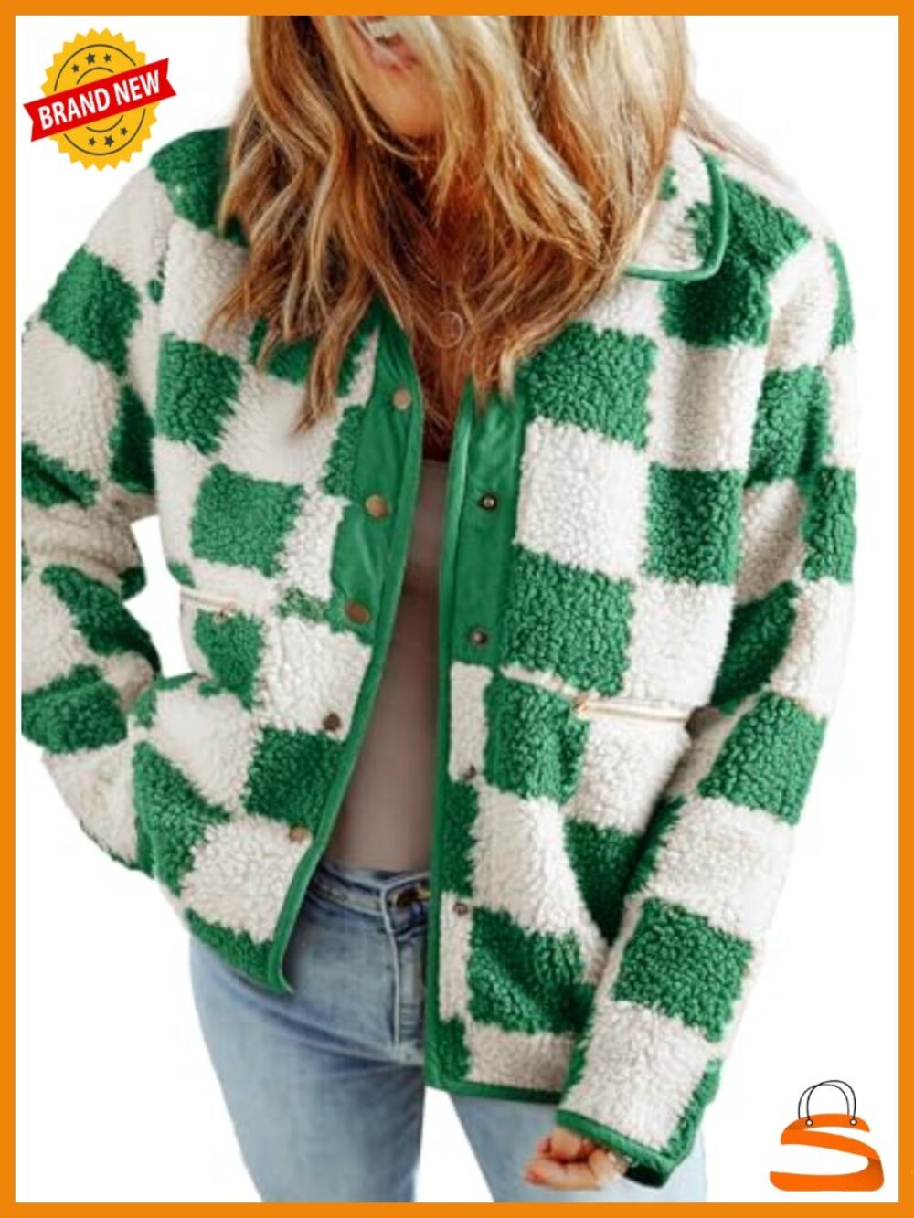 SHEWIN Women's Sherpa Fleece Plaid Button Down Coat Fall Winter